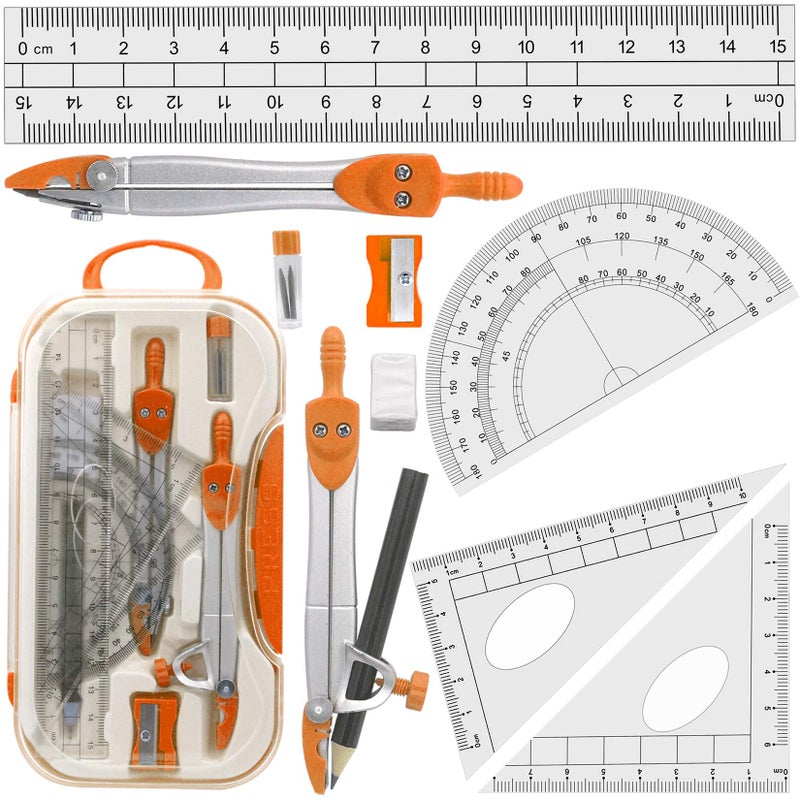 Akuoly Maths Compasses for Geometry Student Drafting Compass Set Starter Kit with Protractor, Set Squares with Case for School Maths Study, Orange - Image 1